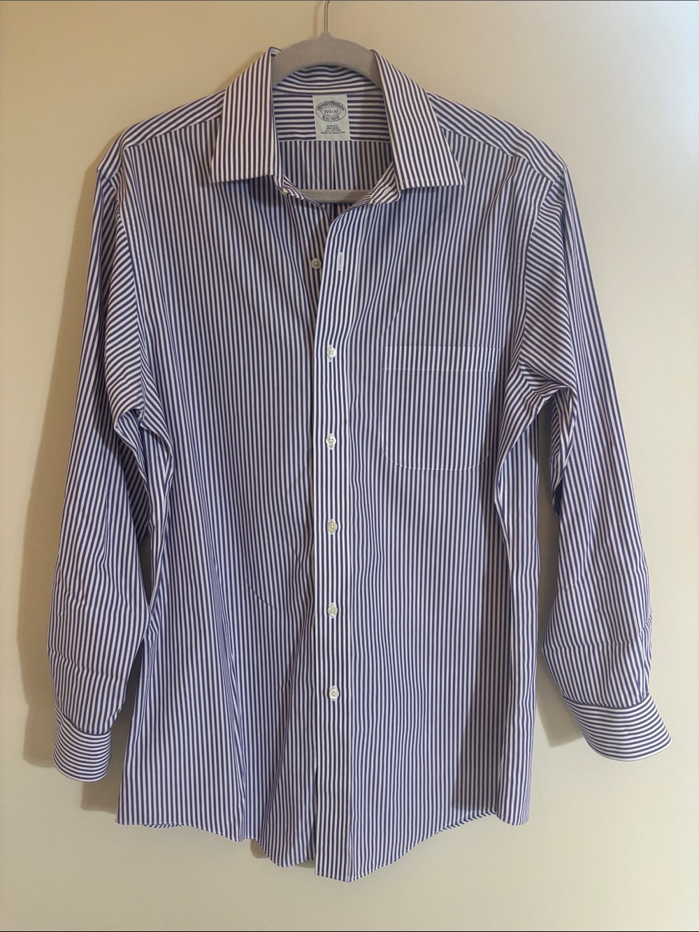 Brooks Brothers Purple & White Stripe Classic Dress Shirt - Slim Fit 15.5-32